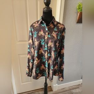 Black Western Rodeo Button-Up Shirt with Teal Cactus Print